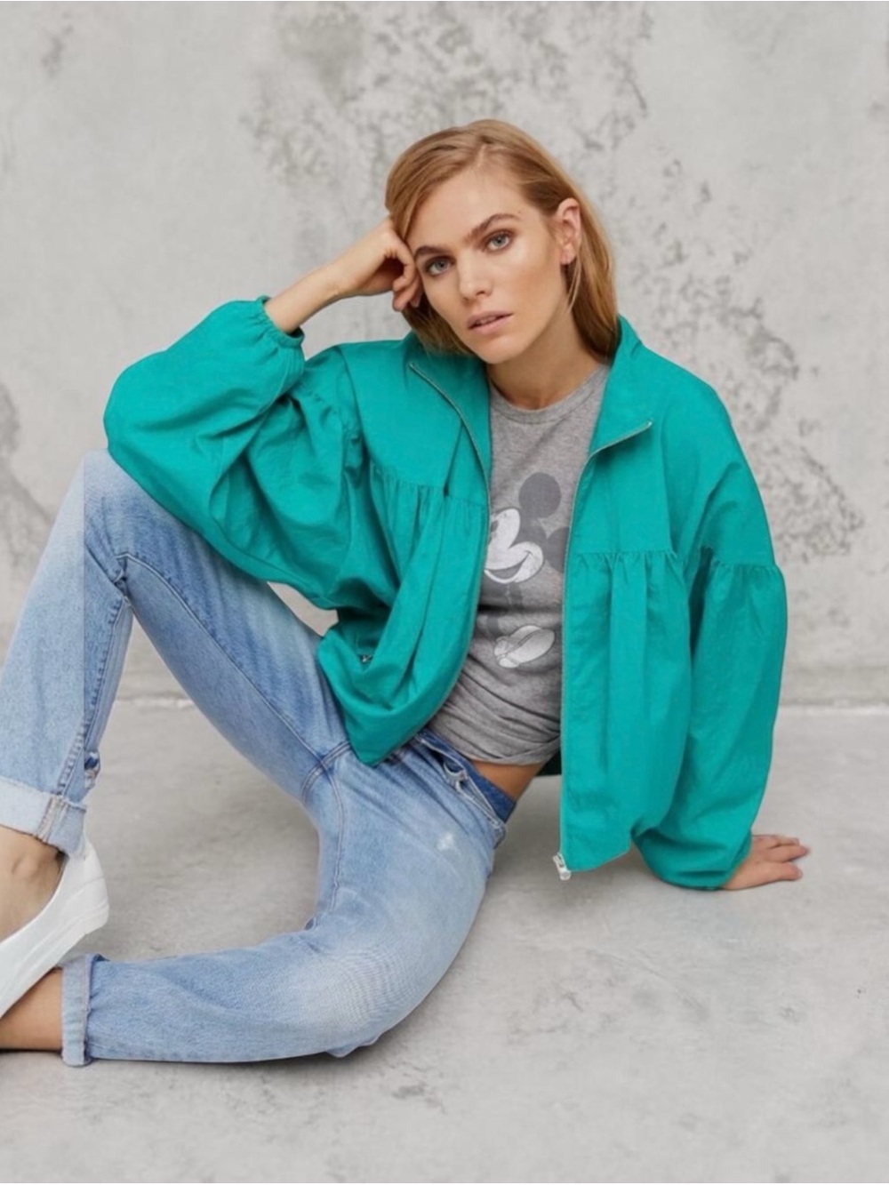 Free People Teal Gathered Zip Windbreaker Jacket